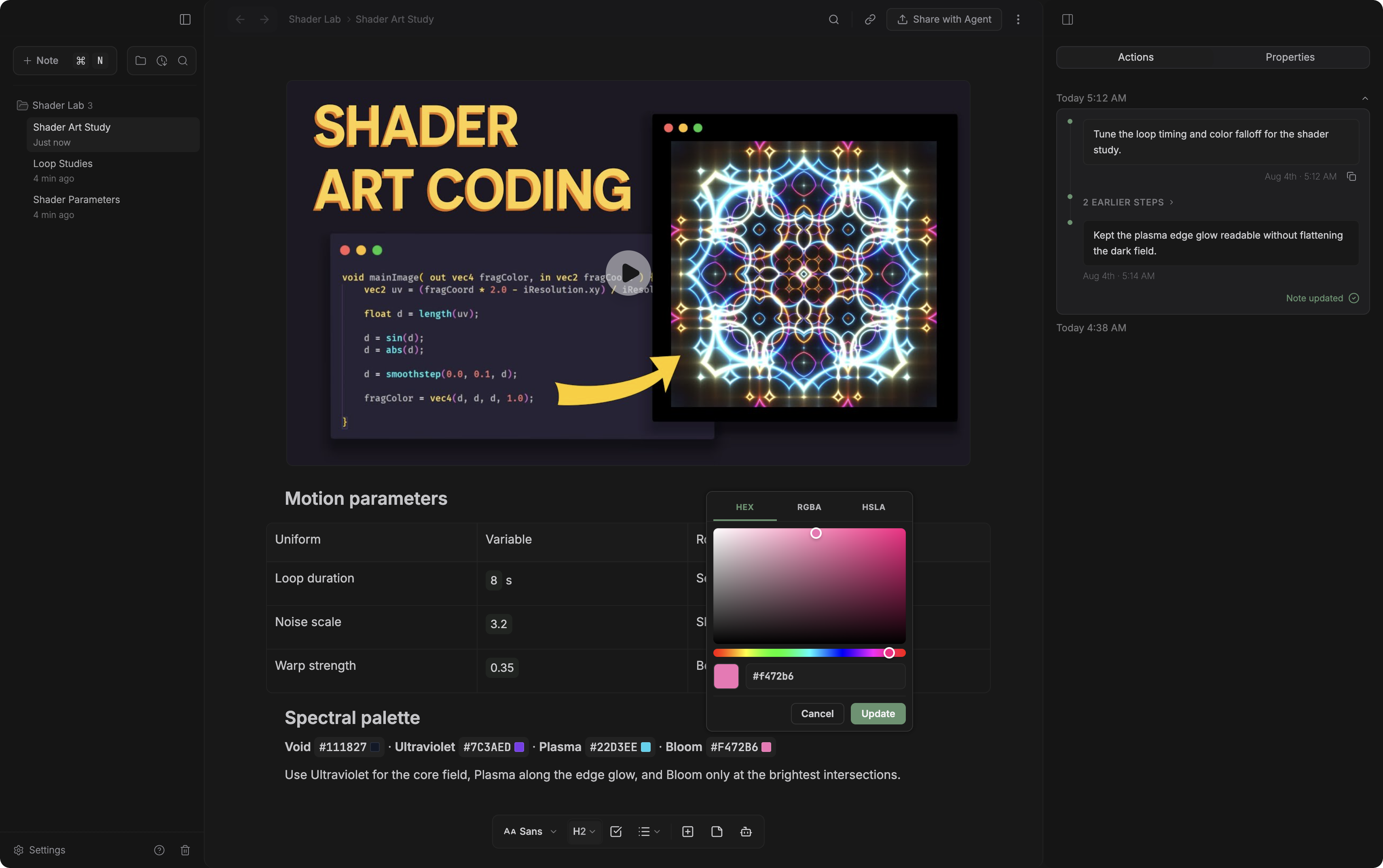 Dark-mode Moss workspace showing a launch video, reusable variables, color swatches, and an open color picker