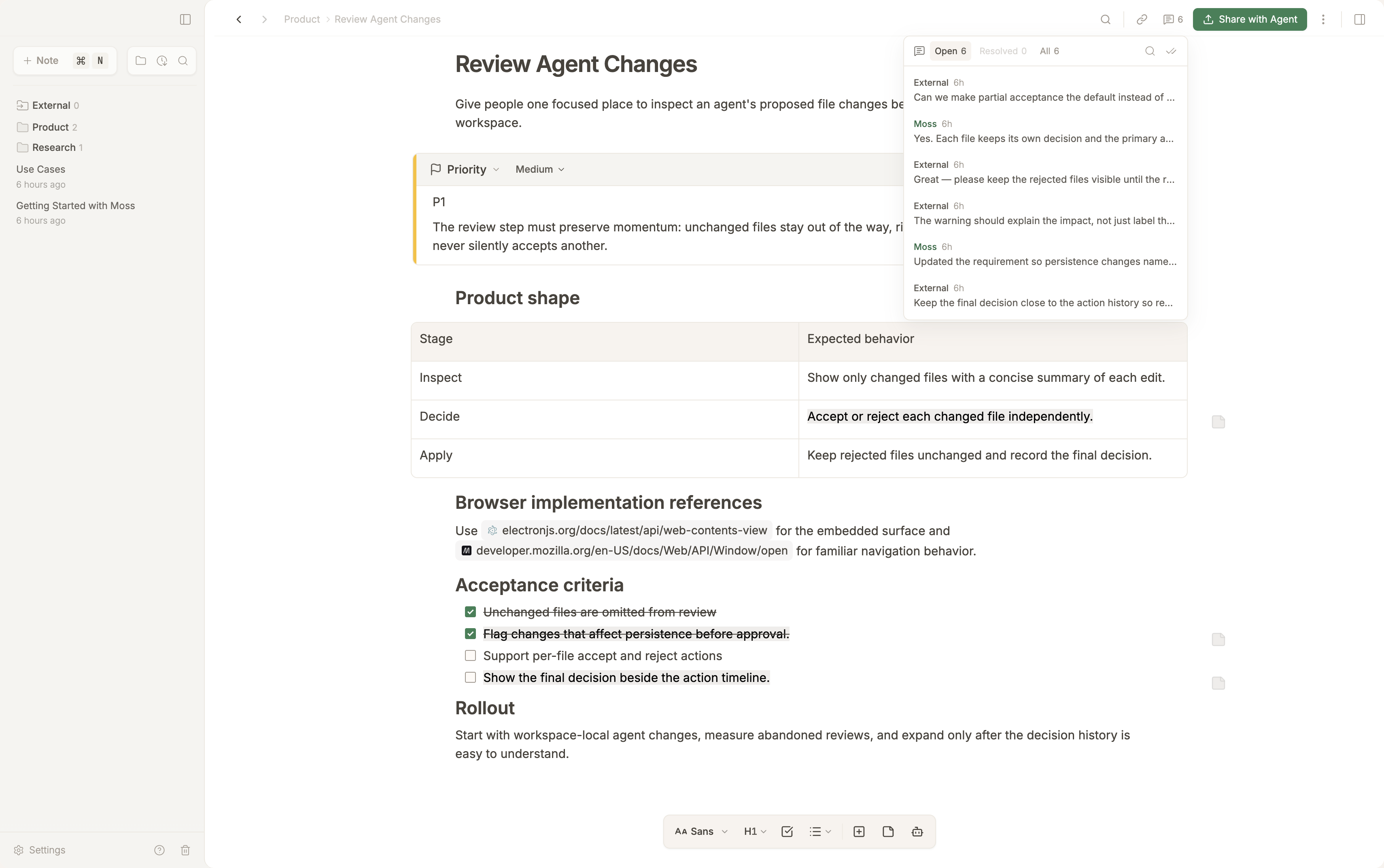 Moss comment list open beside a feature specification