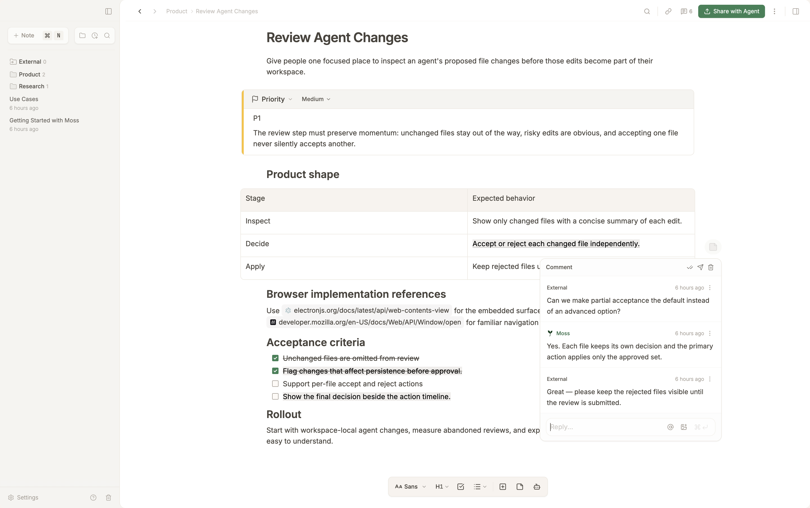 Moss comment thread with replies open beside a feature specification