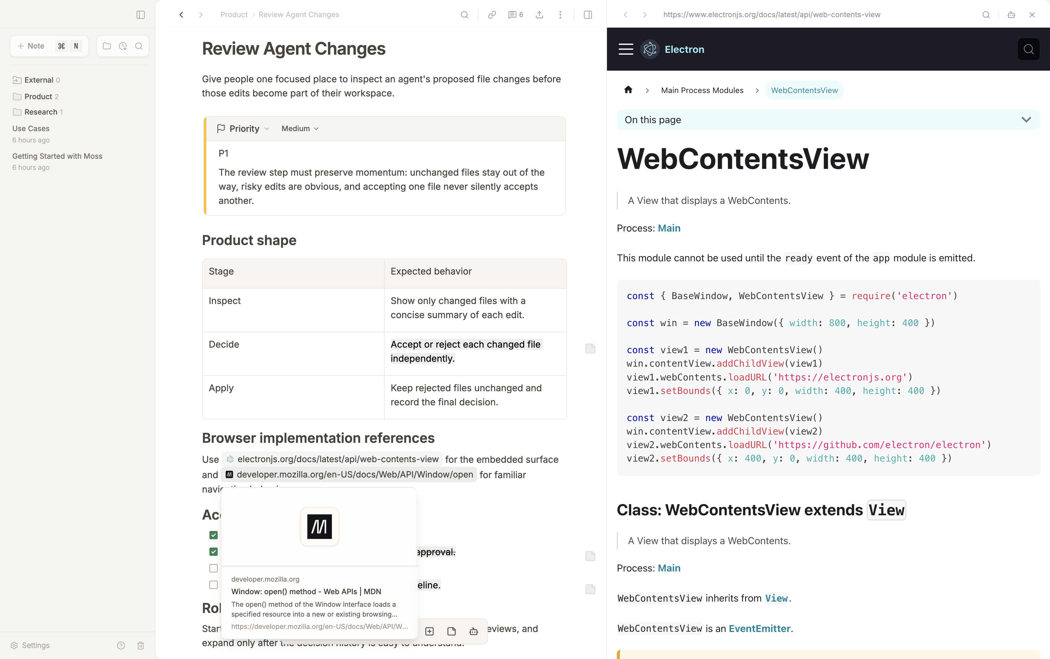 Moss in-app browser open beside a feature specification with two web embed pills