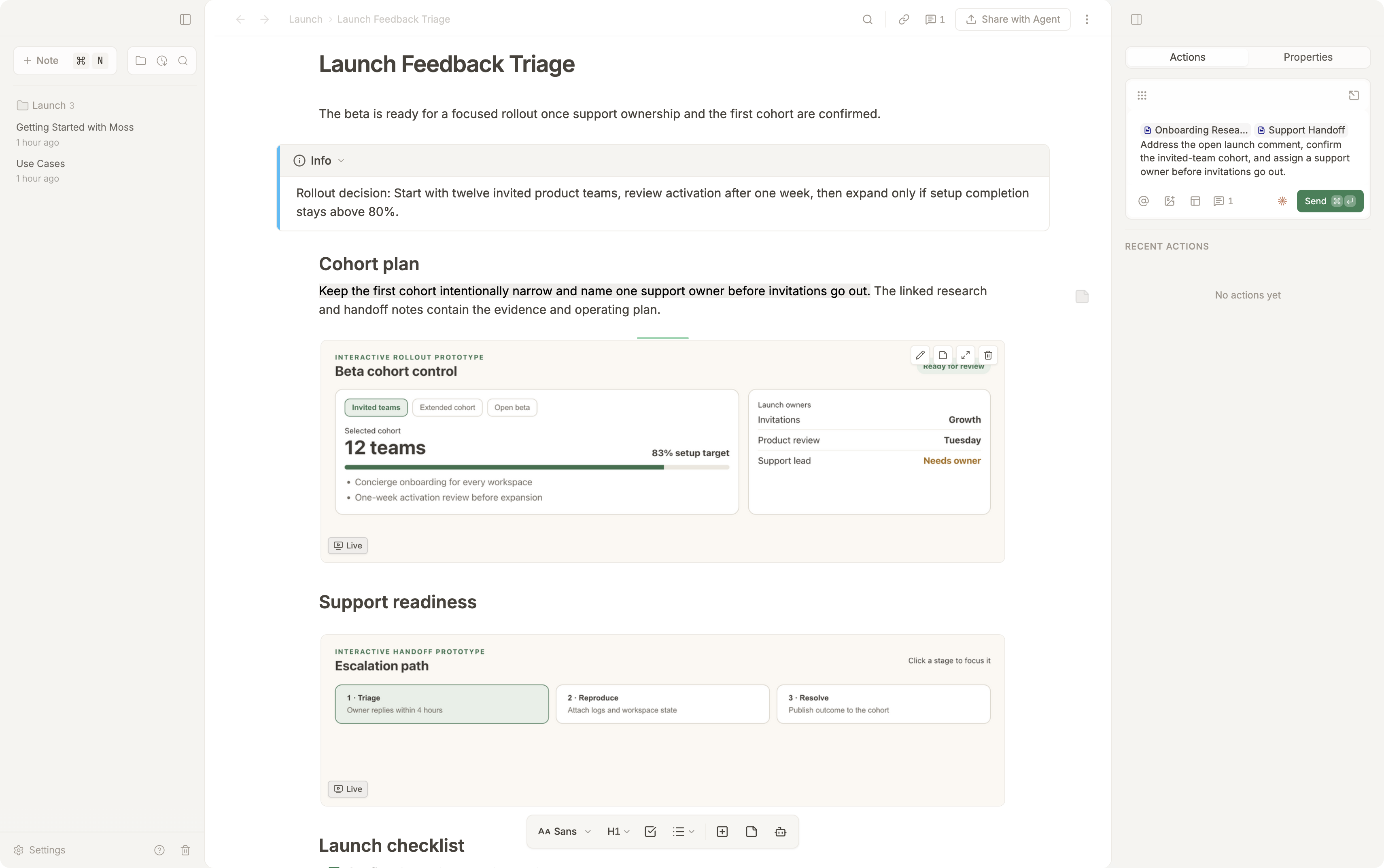 Docked Action Composer with comment and note context