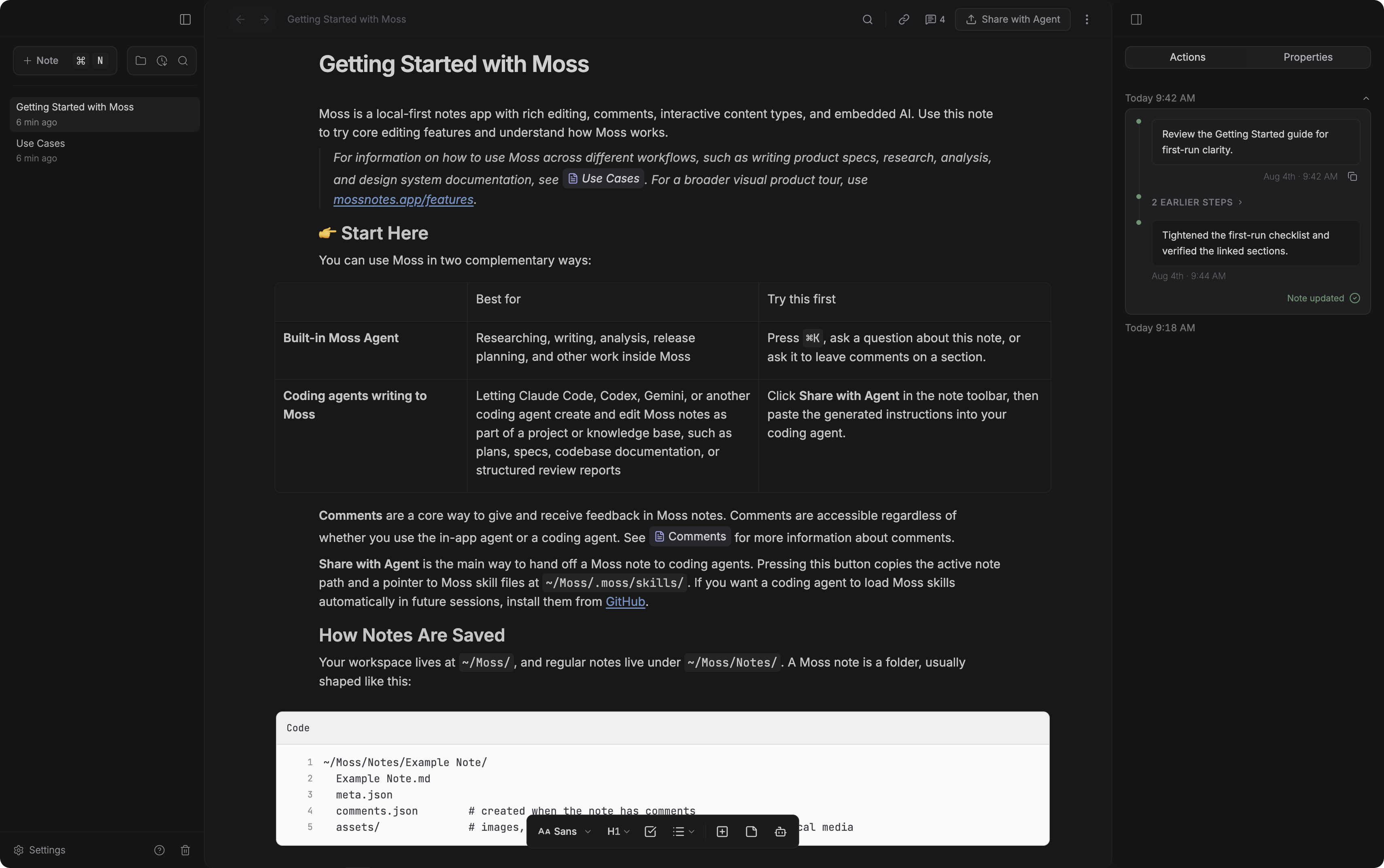 Dark Moss workspace with the Getting Started note and a completed action timeline