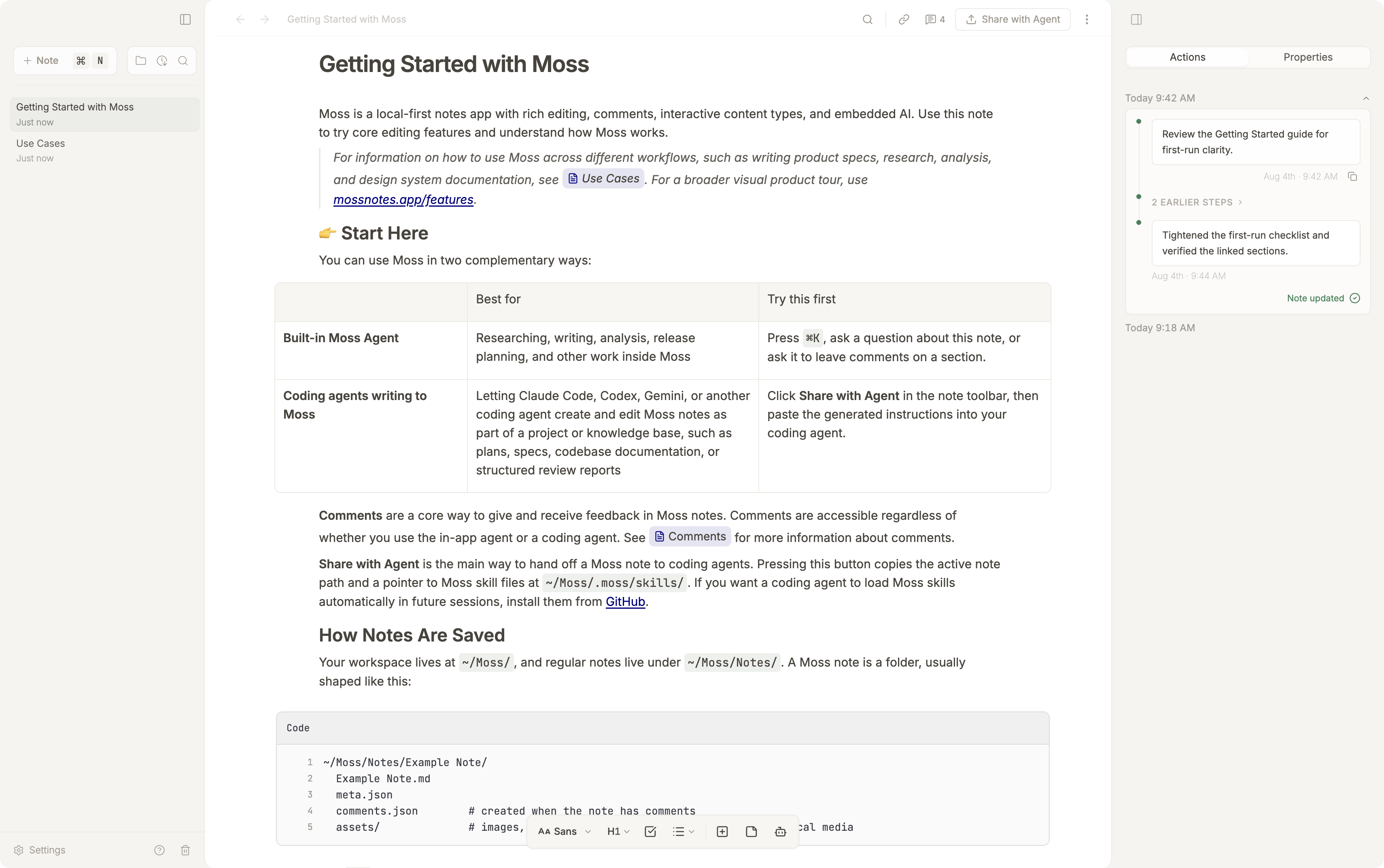 Light Moss workspace with the Getting Started note and a completed action timeline