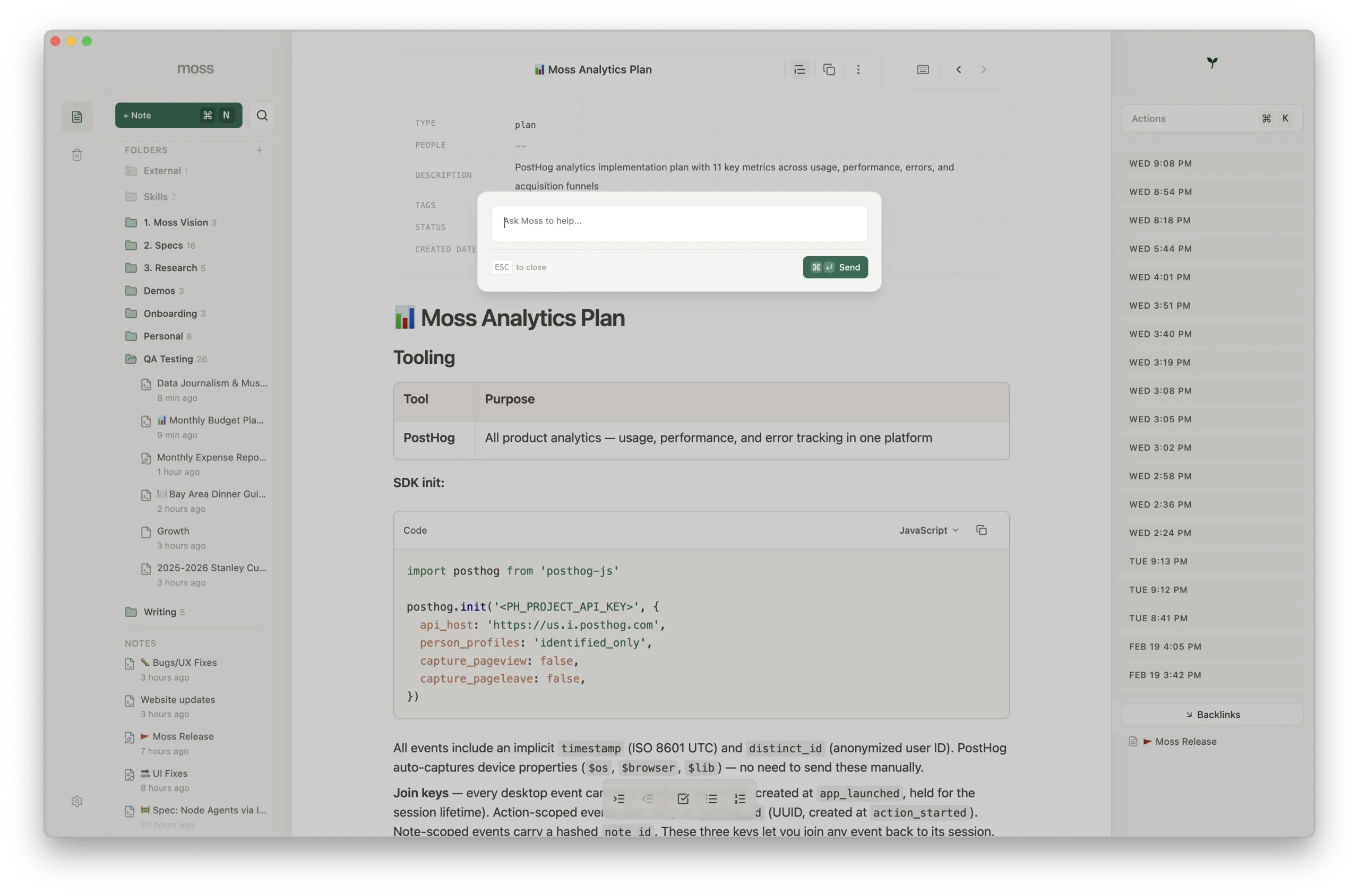 Moss Agent — the action prompt dialog with 'Ask Moss to help...' over a note with inferred metadata