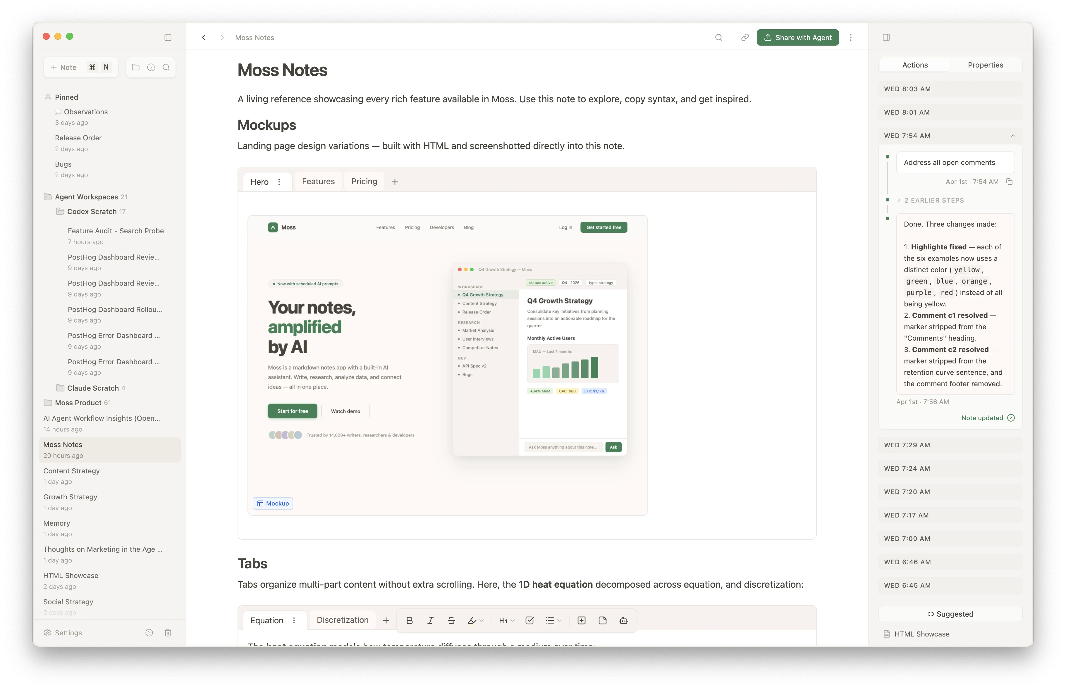 Moss note with the Actions panel open, showing a completed agent run, its intermediate steps, and the attached note update
