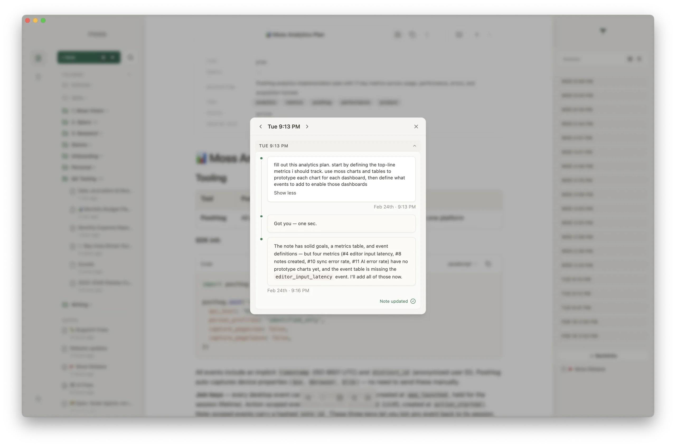 Moss Agent timeline — showing a conversation where the agent analyzes an analytics plan and updates the note