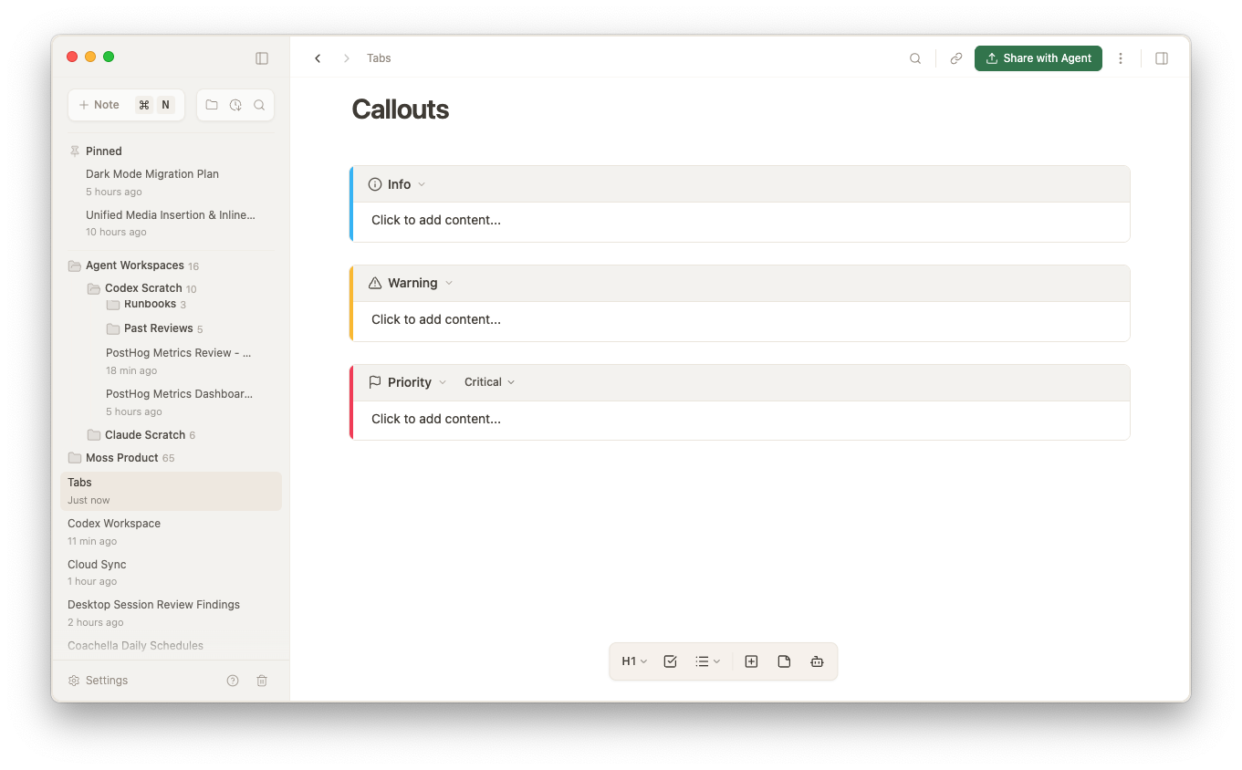 Moss note showing callout blocks for info, warning, and priority inside the editor