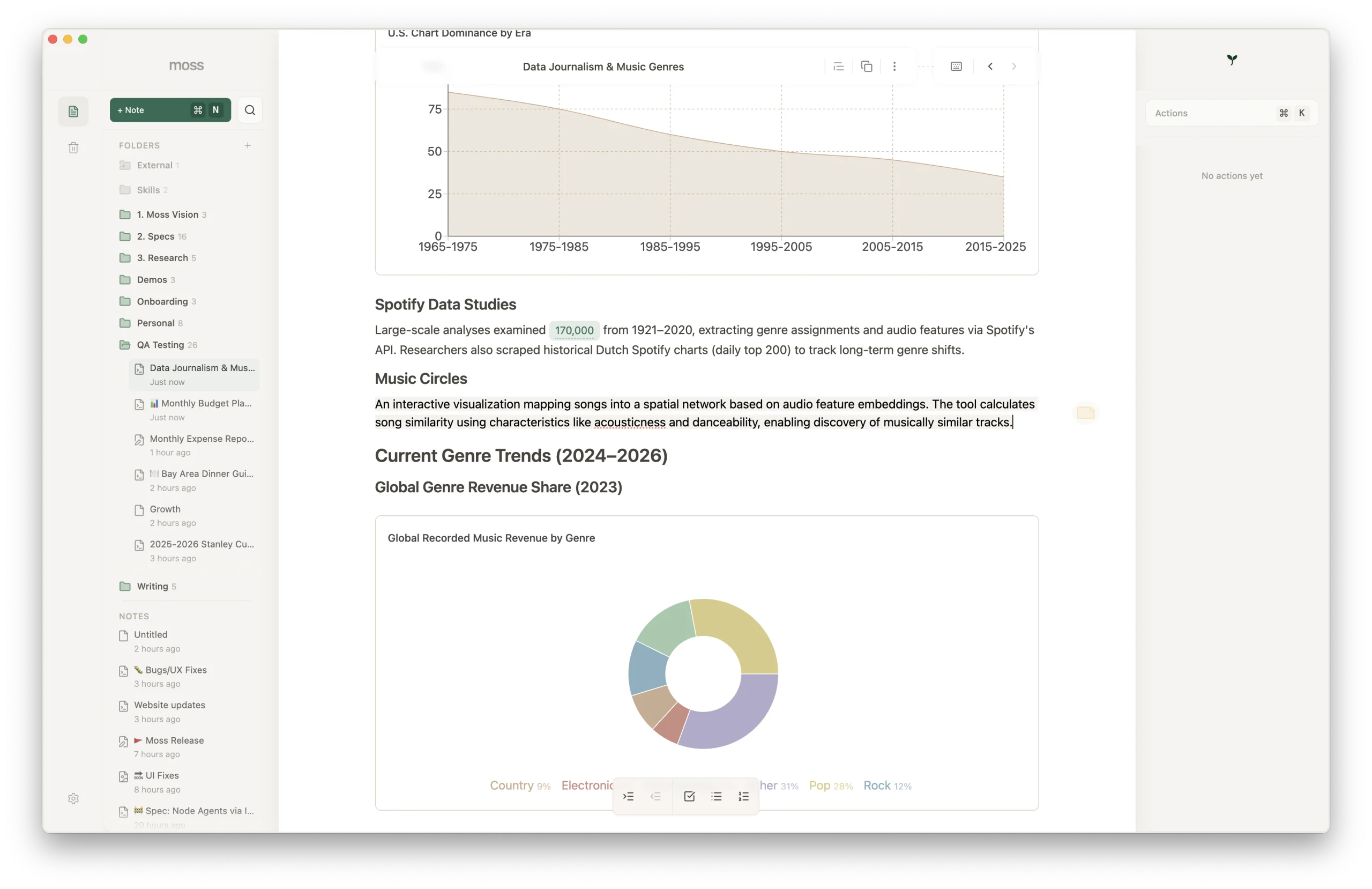 Charts in Moss — area chart and donut chart with a formula pill in a note about music genre data