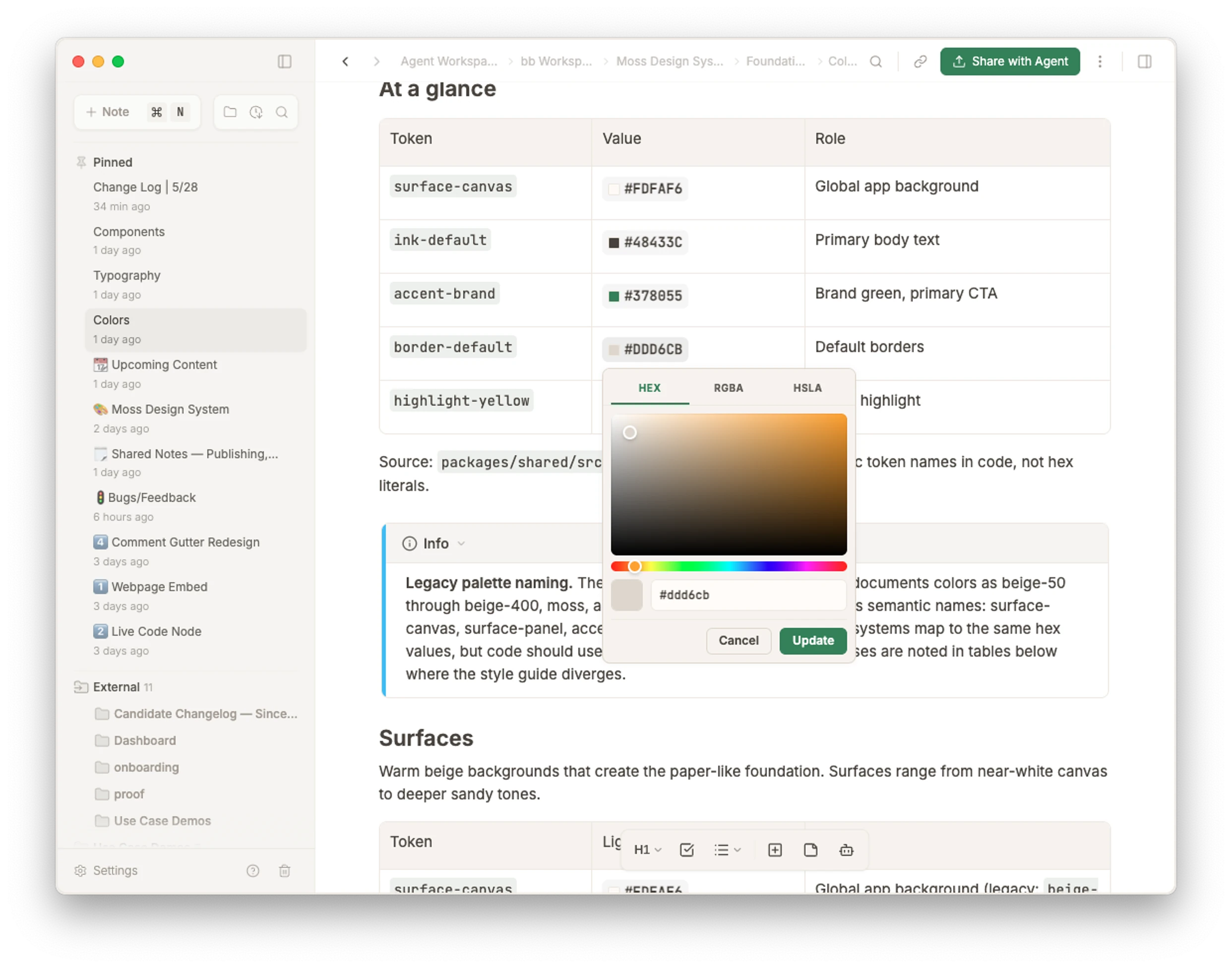 Moss note showing color preview pills and the color picker editing a design token
