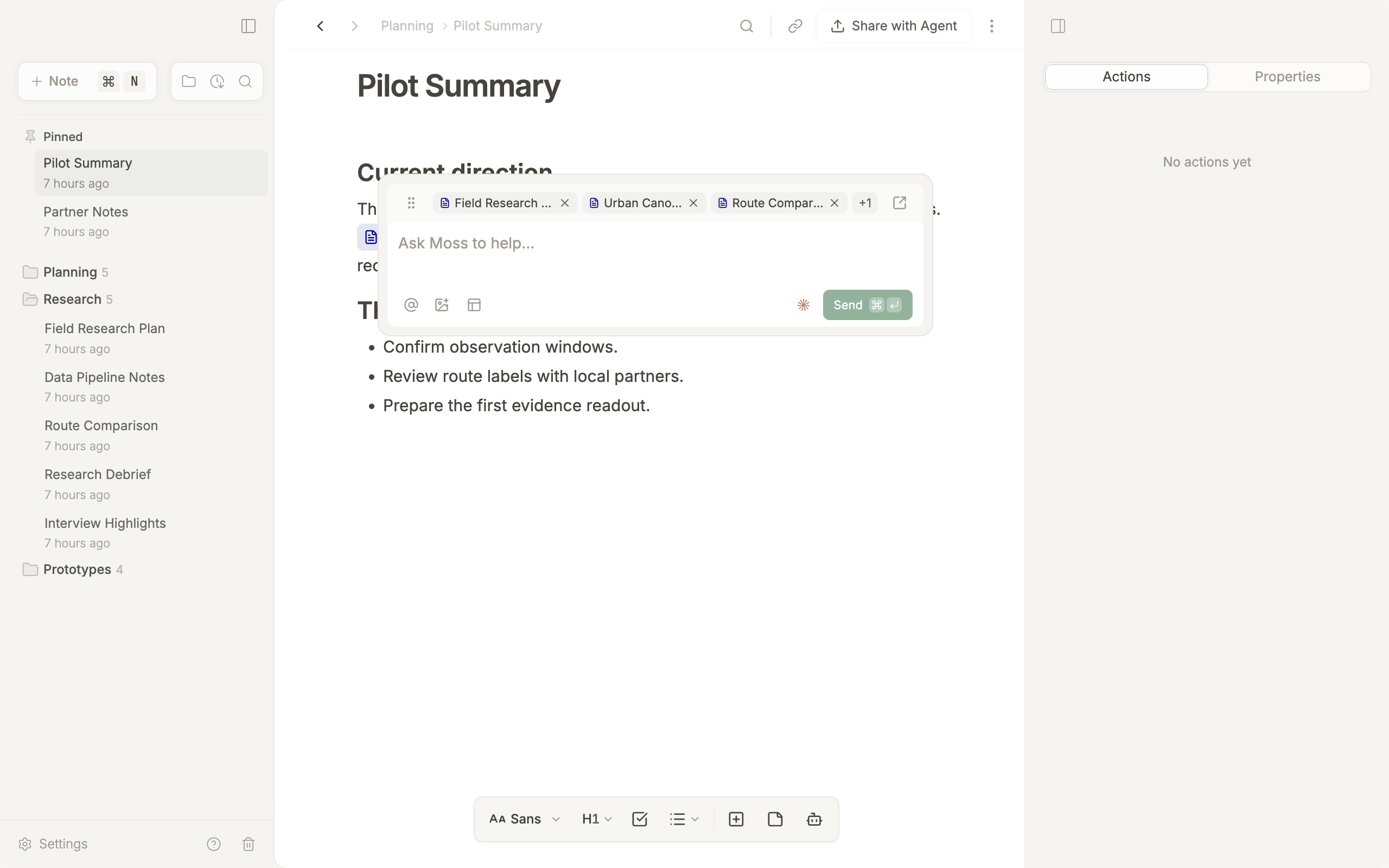 Moss note with the floating Action Composer, selected text and note context, and controls to send or dock an Action