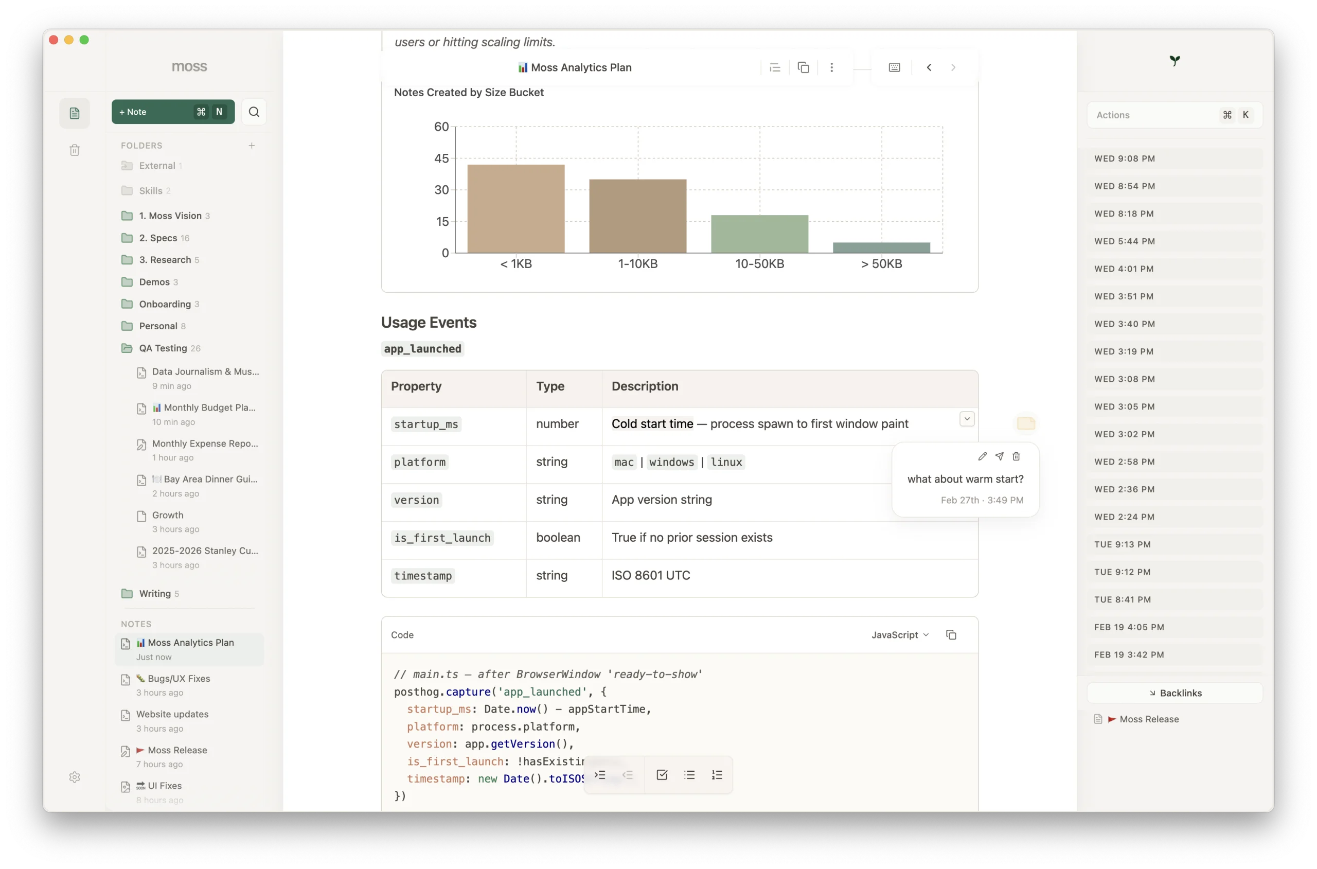 Comments in Moss — a comment popover asking 'what about warm start?' on a table in an analytics note