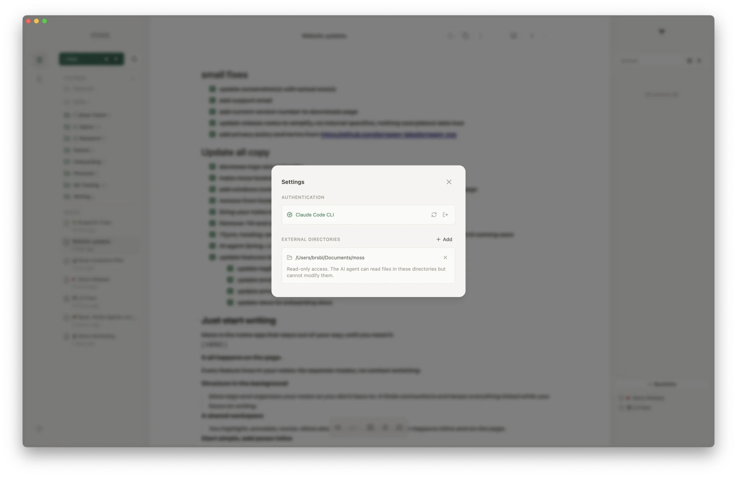 External Directories in Moss — Settings modal showing a granted directory with read-only agent access