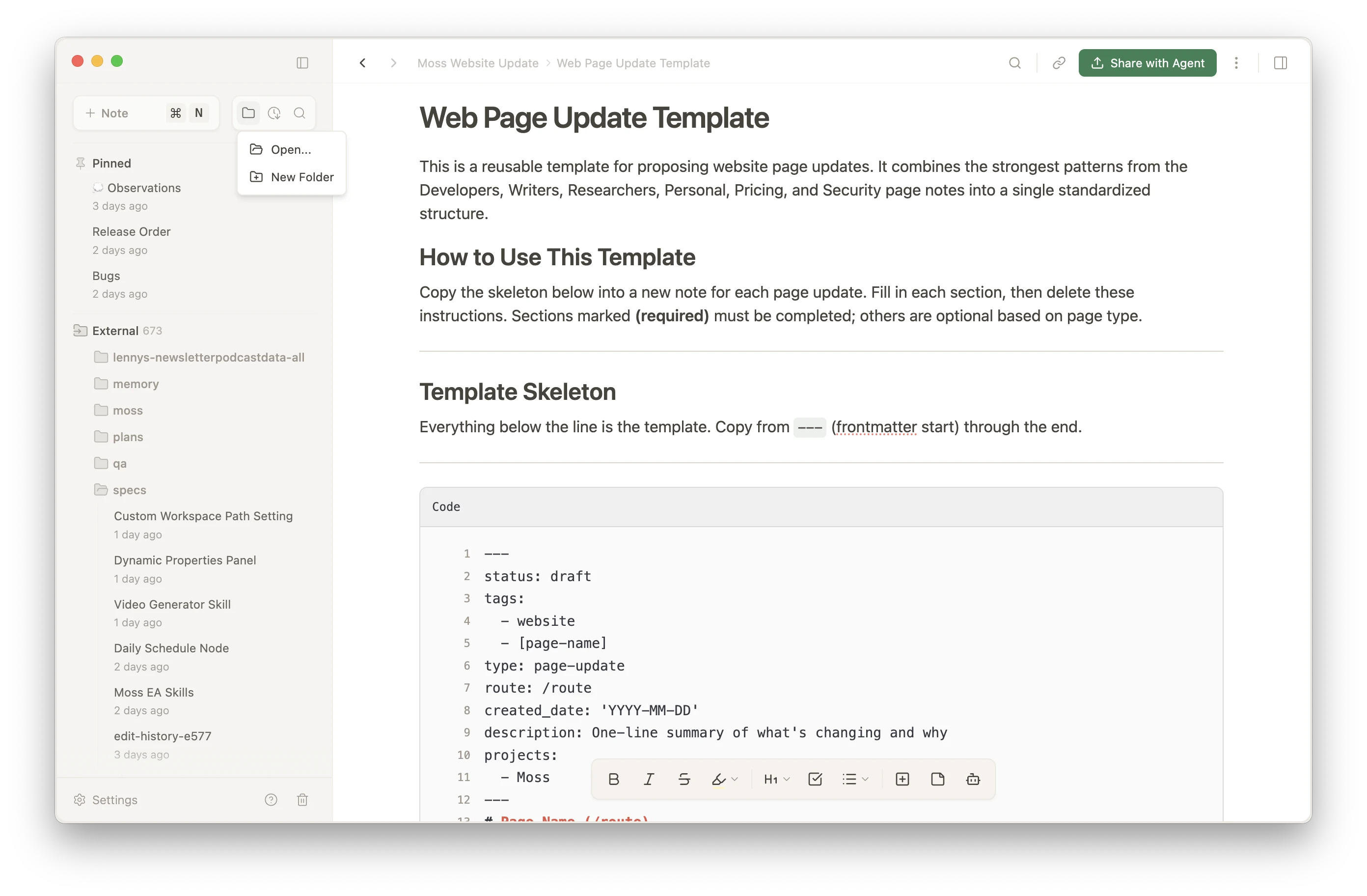 Moss showing an external markdown folder in the sidebar.