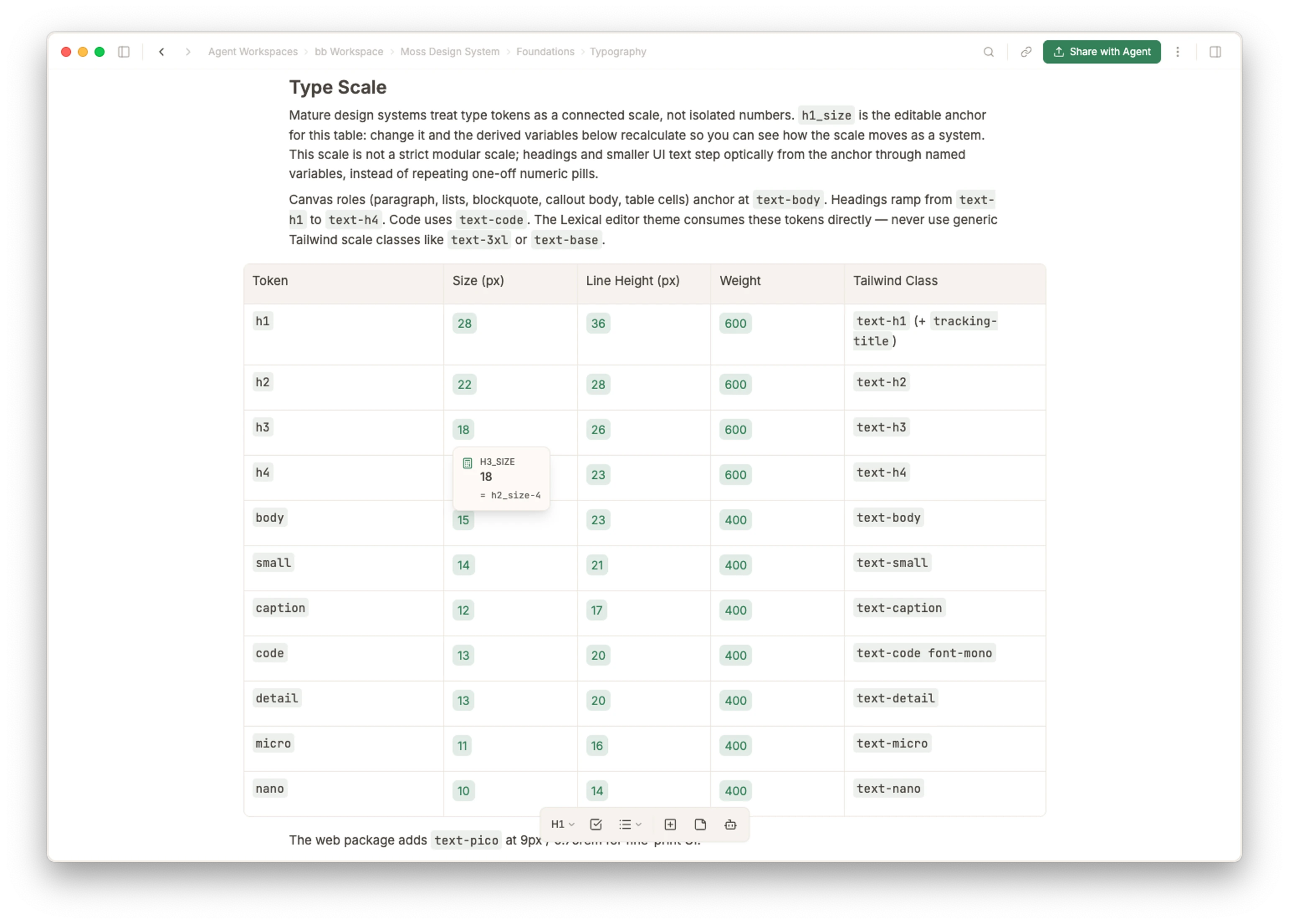 Moss note showing a type scale table with live variables and a formula hover card