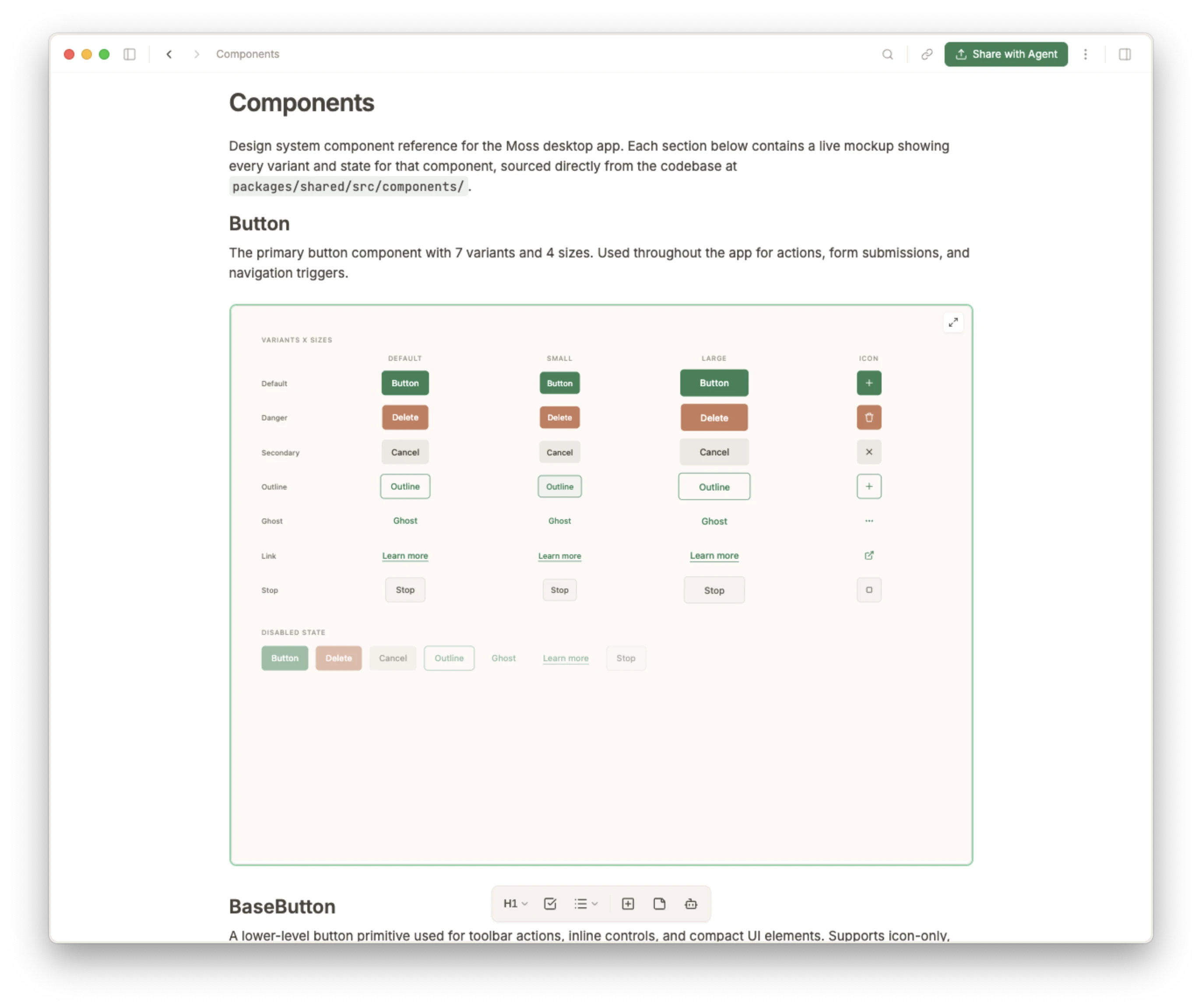 Moss note showing an embedded HTML component reference mockup with button variants