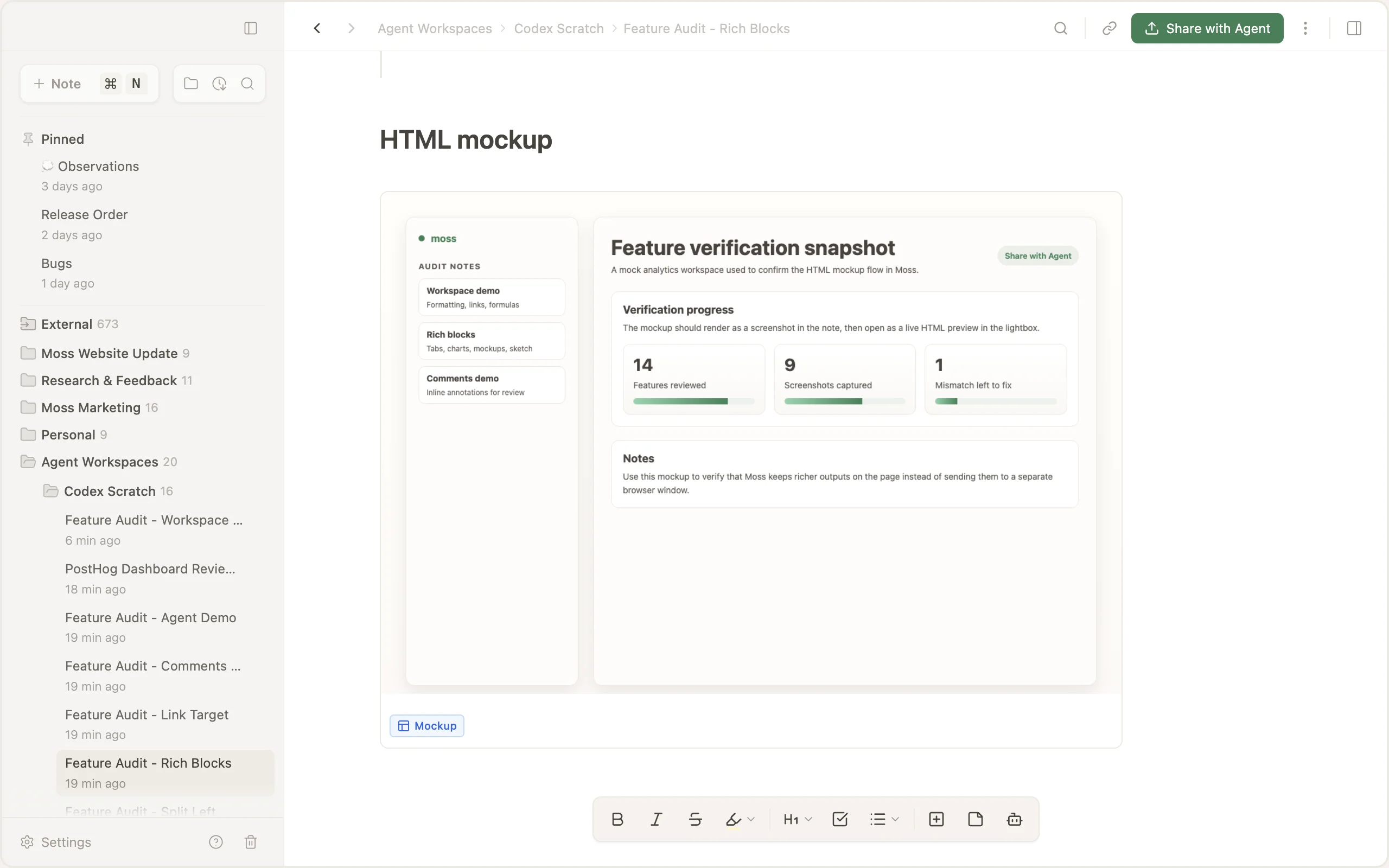 Moss note showing an HTML mockup rendered in-page with the Mockup badge