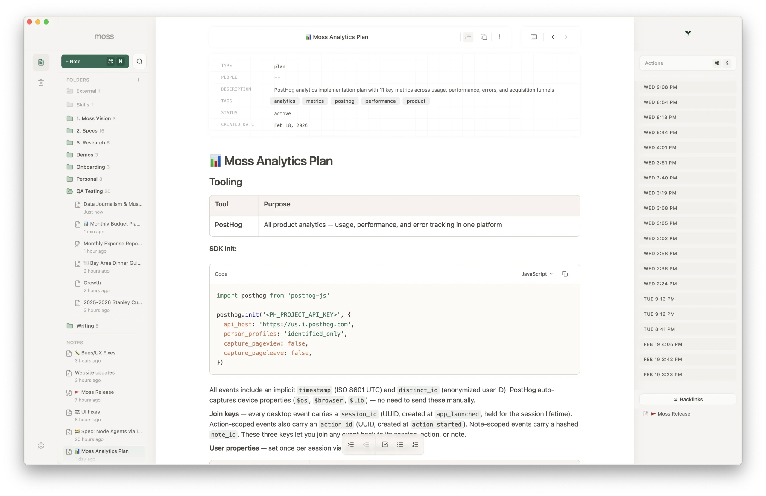 Inferred metadata in Moss — property card showing type, people, tags, status, and description above a note