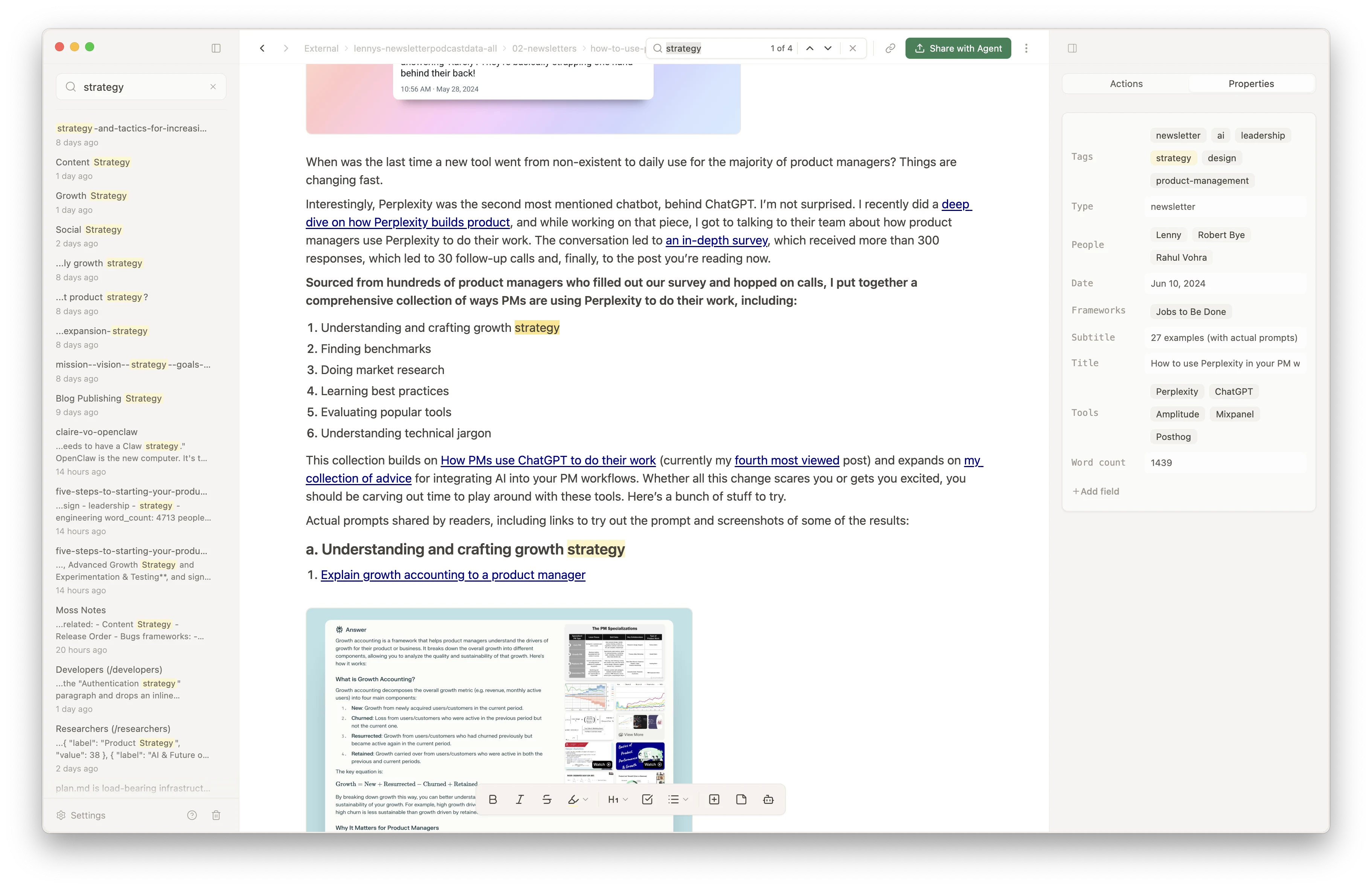 Moss workspace after clicking a property value, with related notes filtered in the sidebar while the properties panel remains open