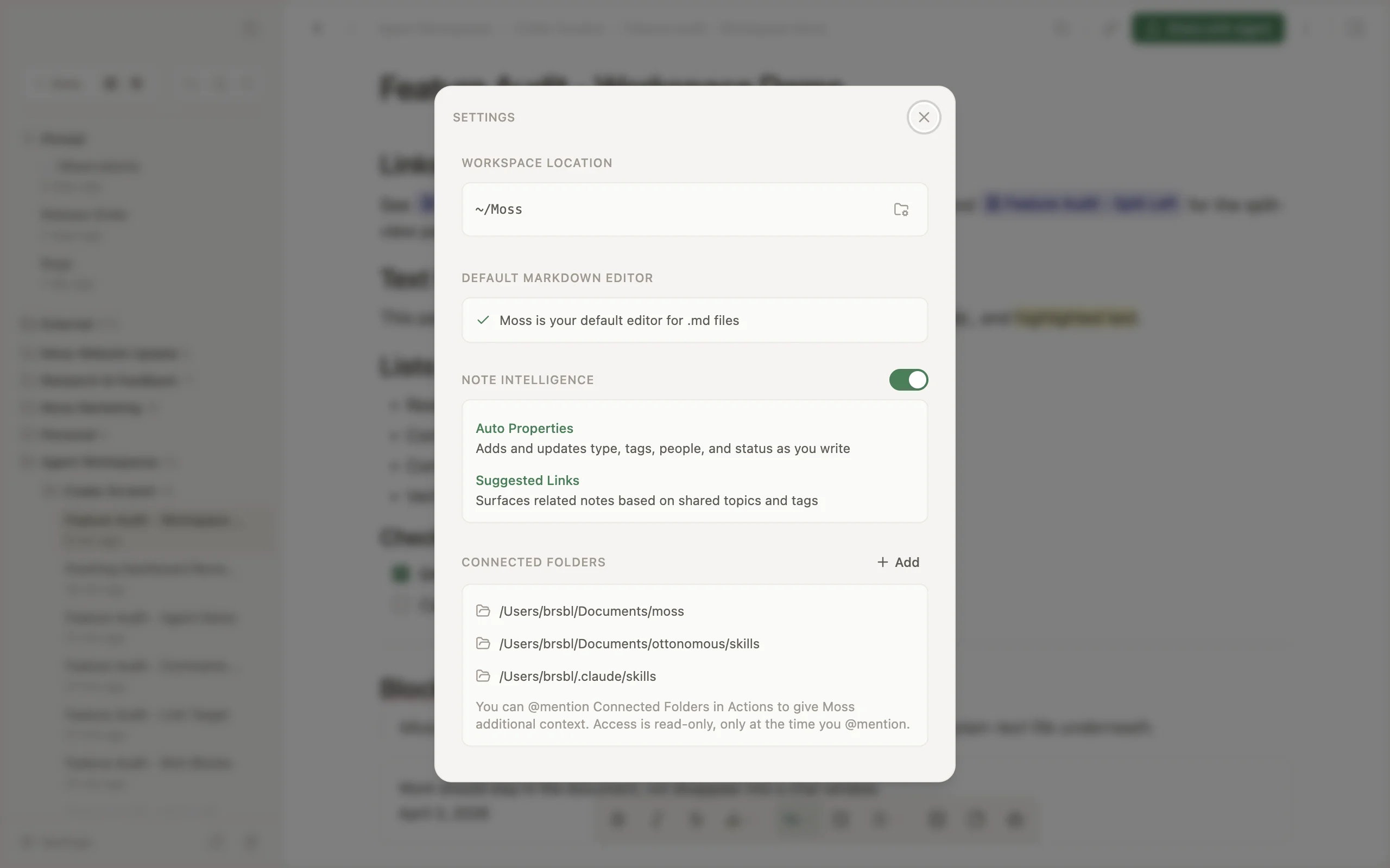 Moss settings showing Connected Folders.