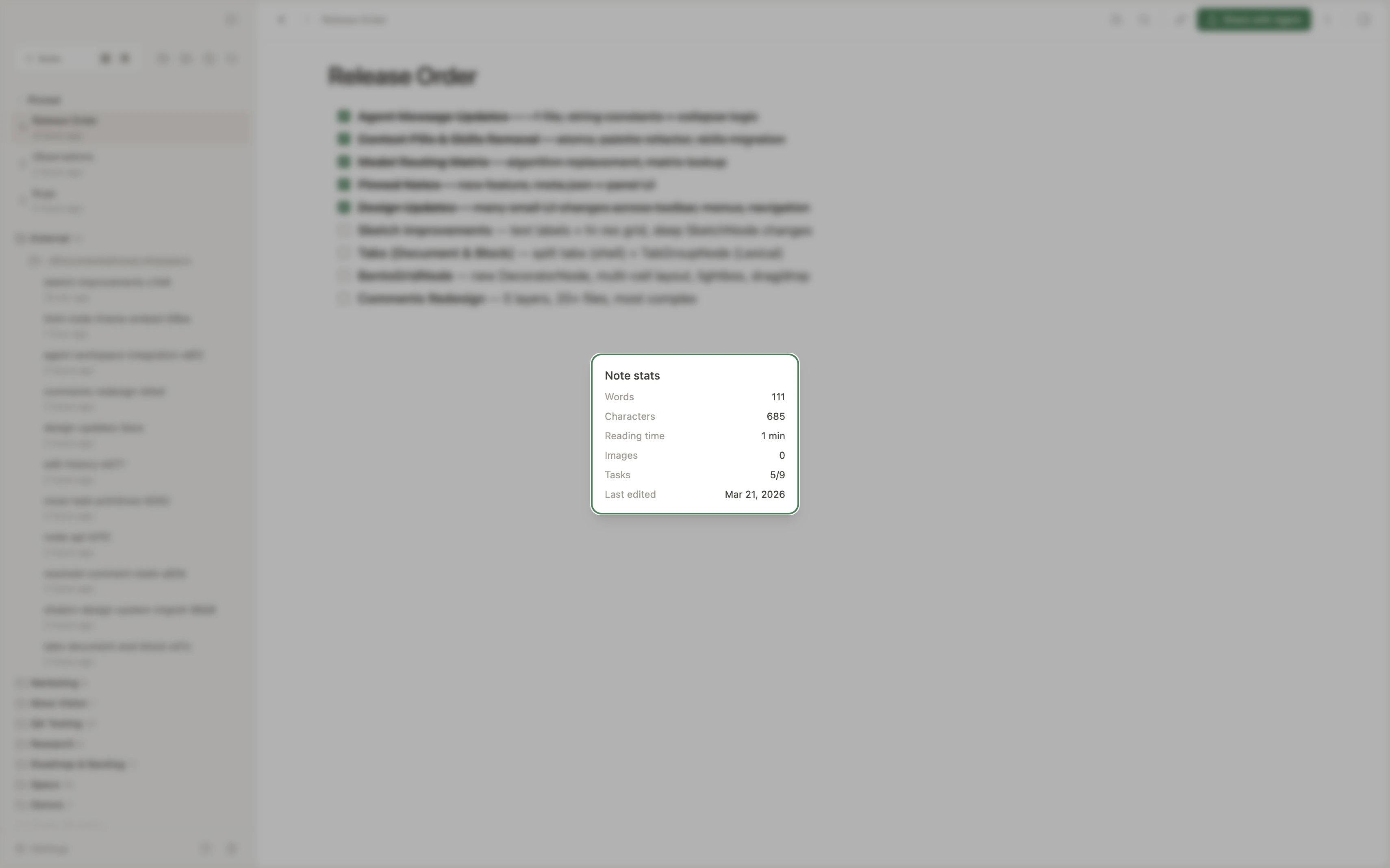 Note stats modal in Moss showing word count, character count, reading time, images, and last edited date
