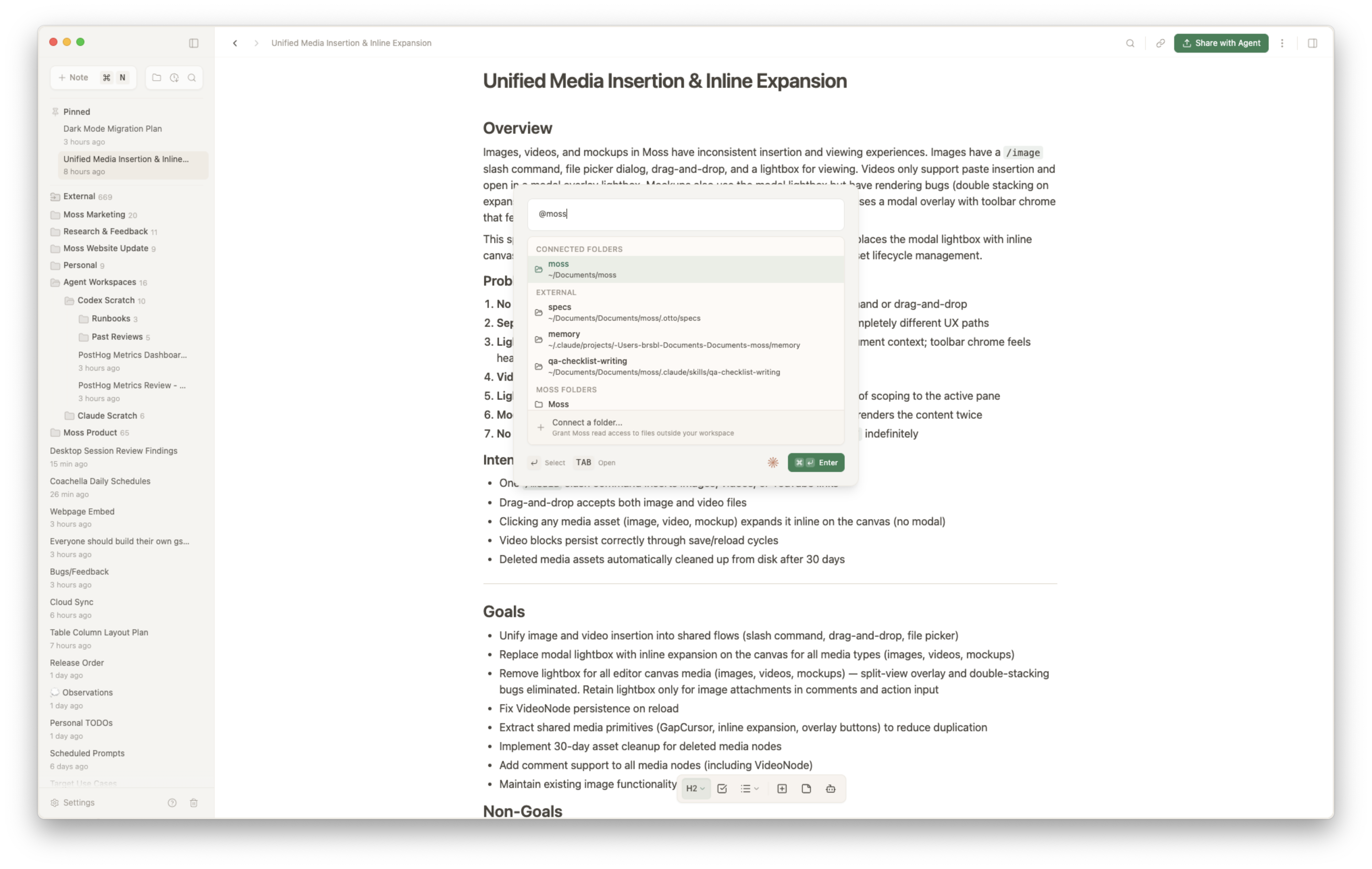 Moss Actions input showing the connected Notion export folder in the typeahead.
