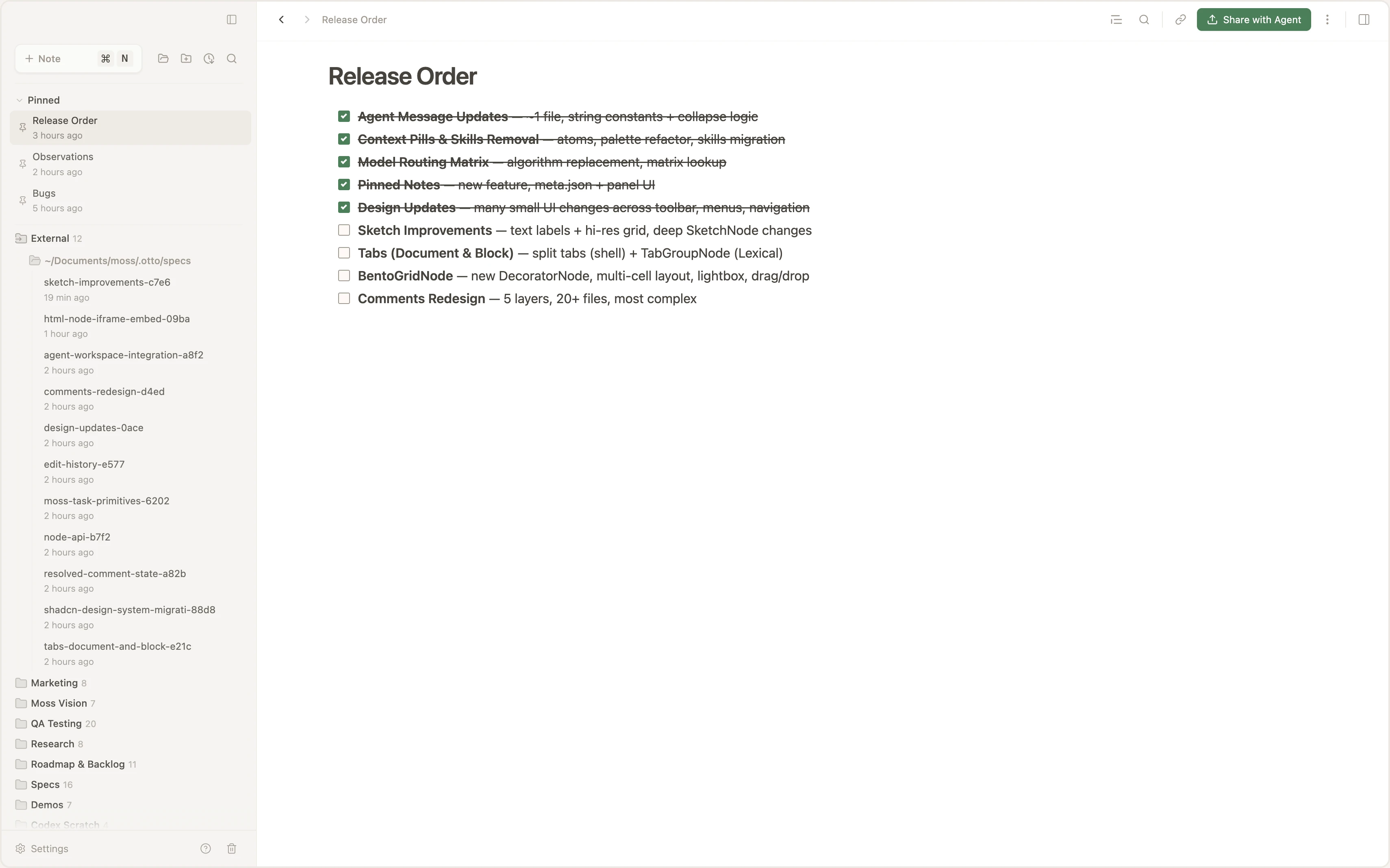 Moss sidebar showing pinned notes section at the top with Release Order, Observations, and Bugs pinned, folders below