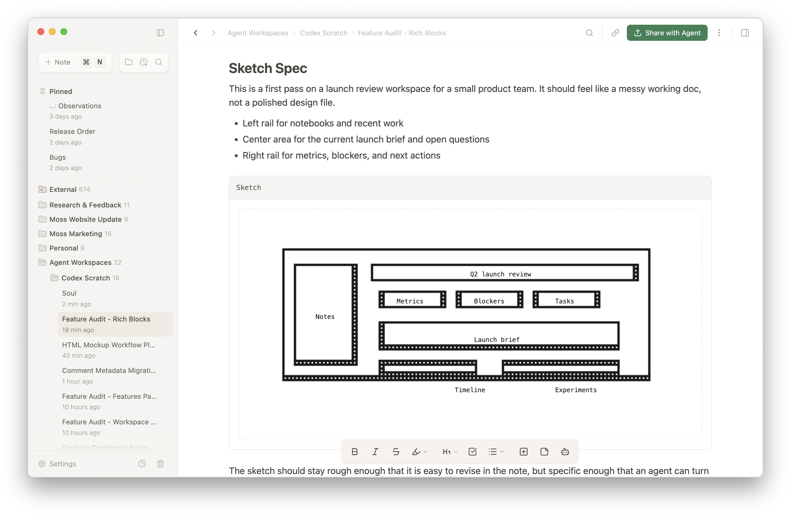Full Moss workspace screenshot showing a sketch block inside a launch review spec note