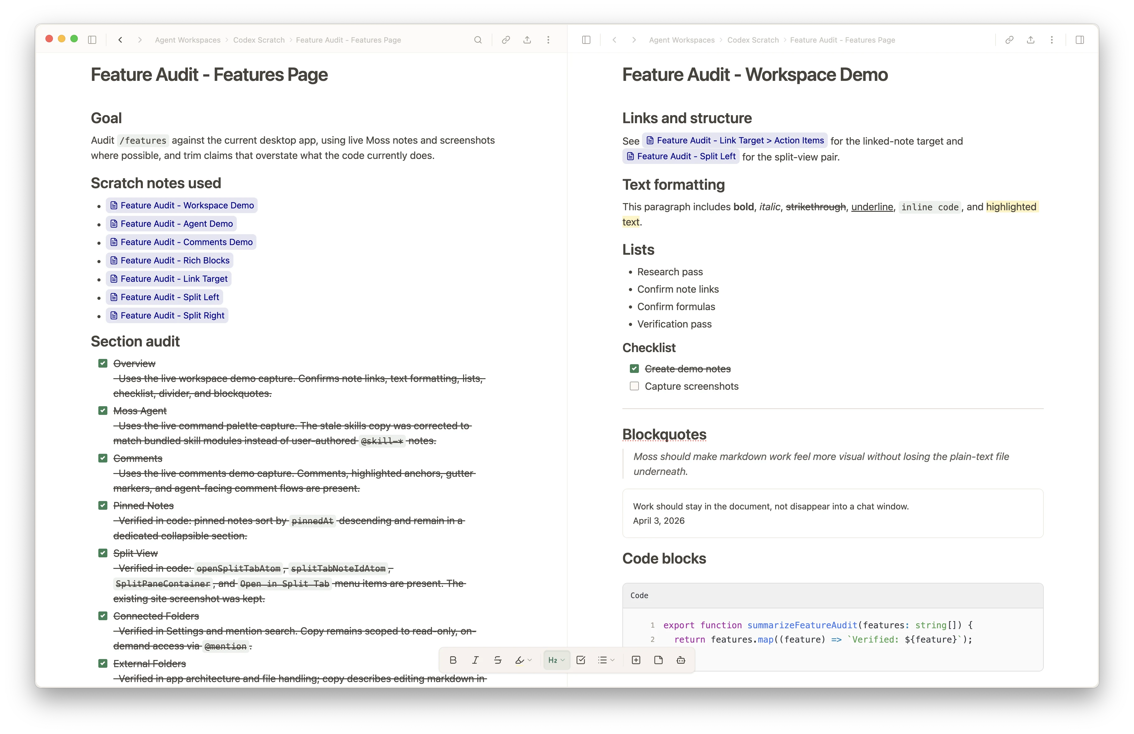 Moss split view showing two notes side by side, with a feature audit note on the left and a workspace demo note on the right
