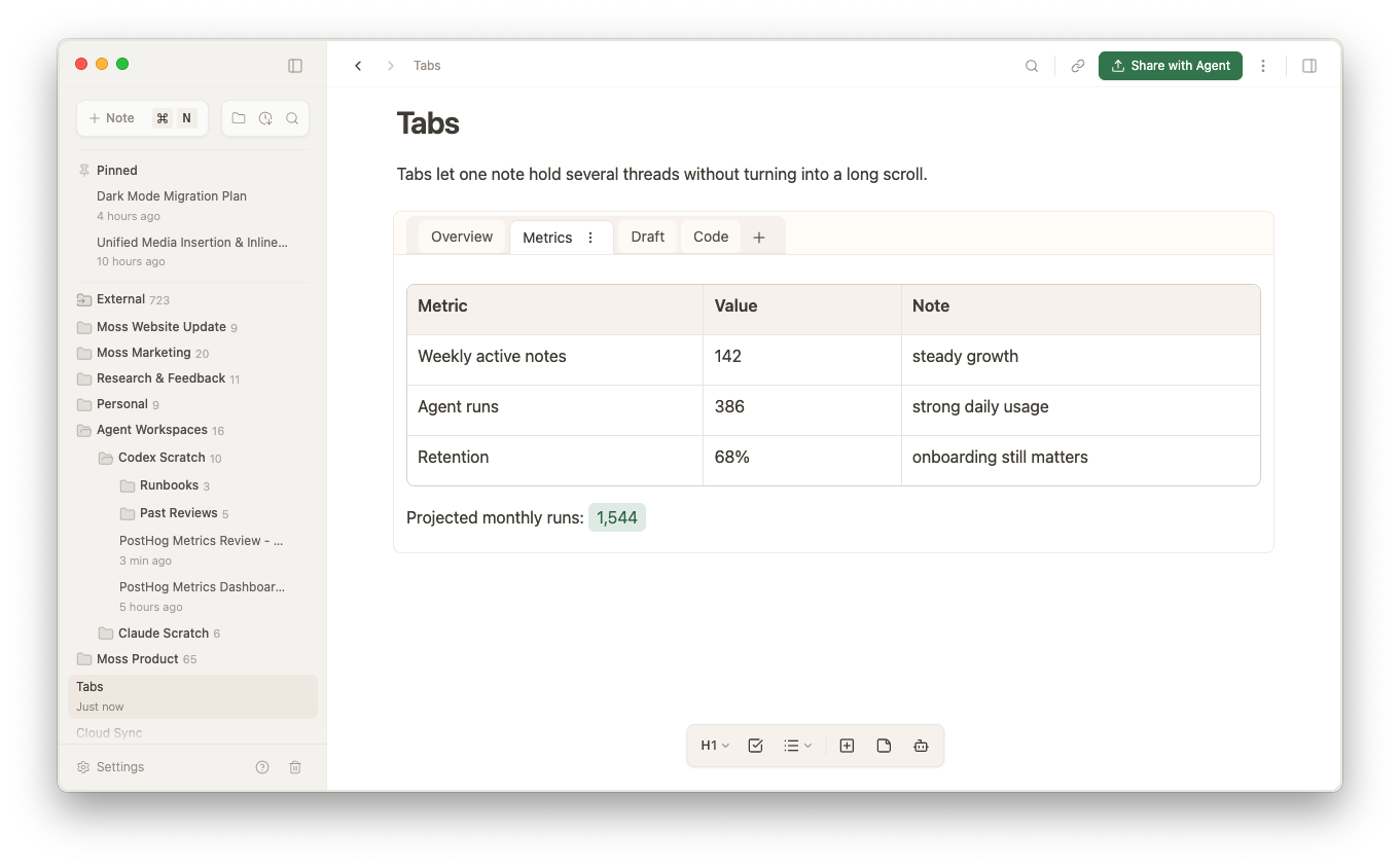Moss note showing a tab group with three tabs, a styled code block, and a table inside the active tab