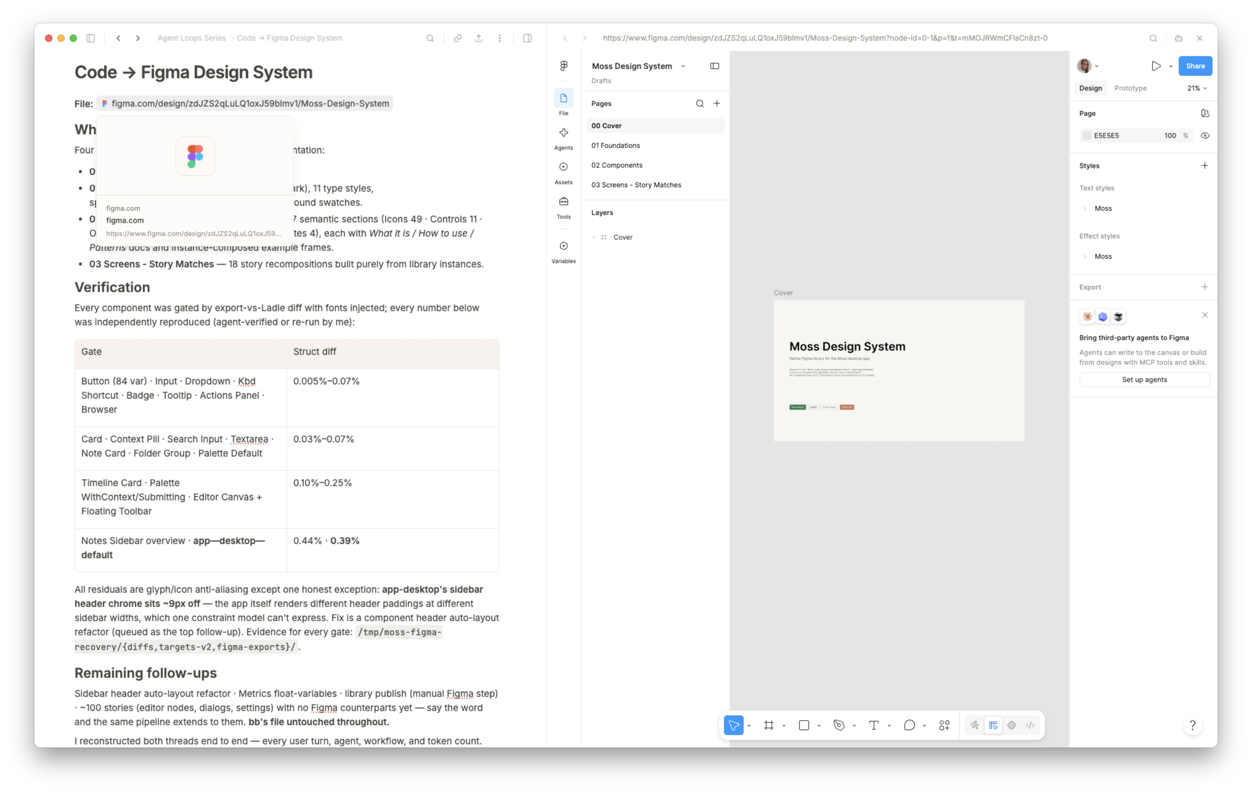 Moss note and a Figma webpage open side by side in the in-app browser