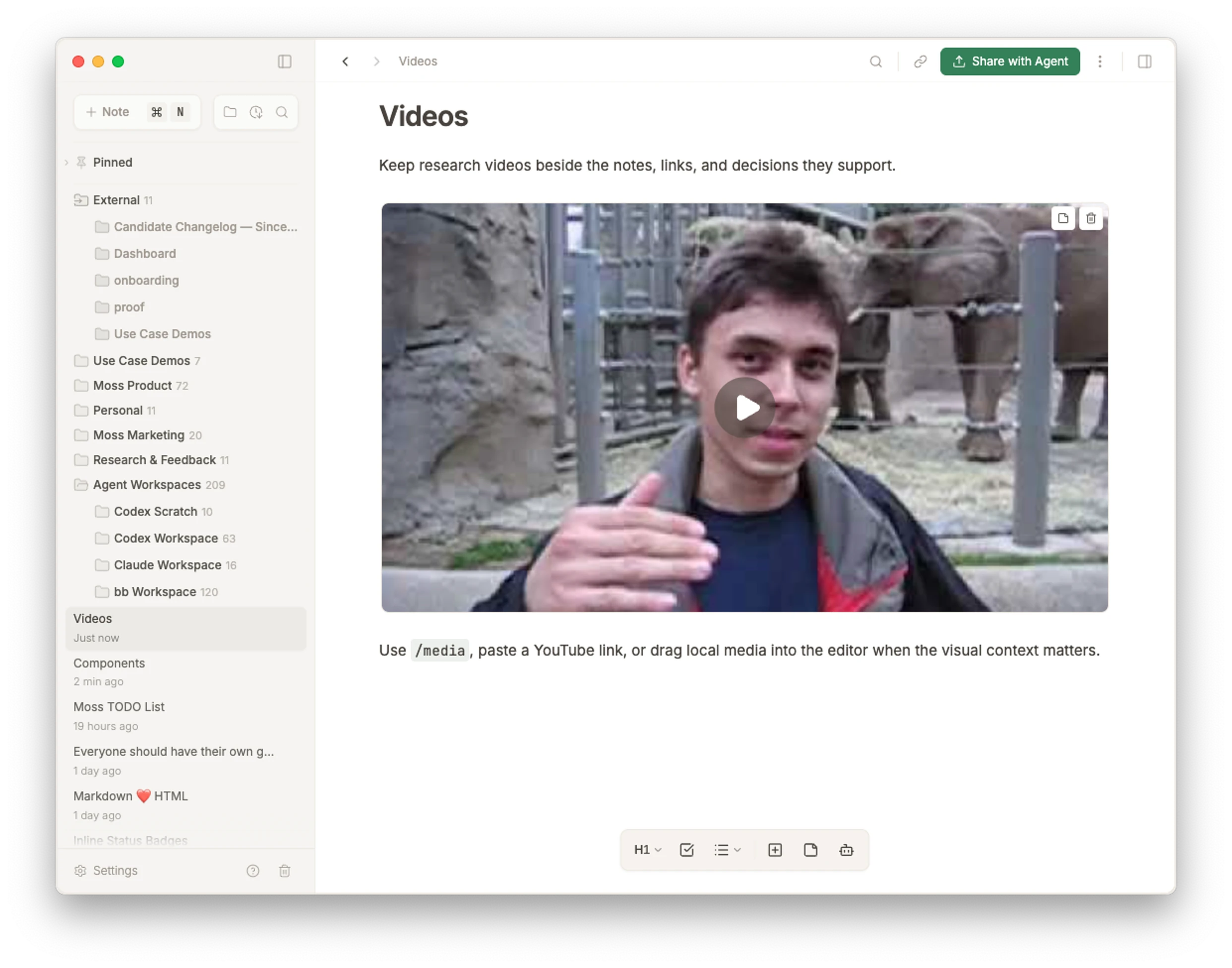 Moss note showing an embedded YouTube video block in the editor